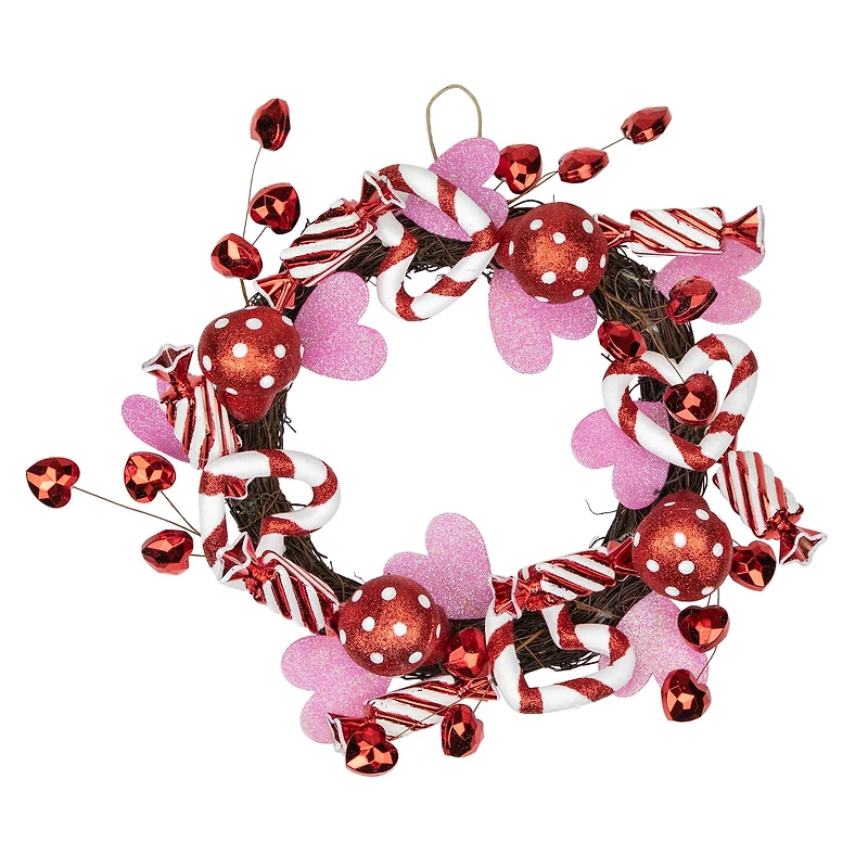 Red and White Candies and Hearts Valentine's Day Wreath 16" Unlit