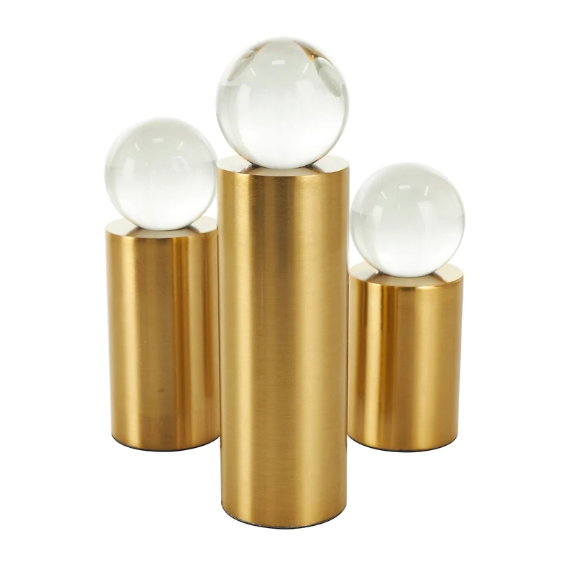 Brushed Gold Metal Geometric Cylinder Posts with Glass Orb Sculpture Set