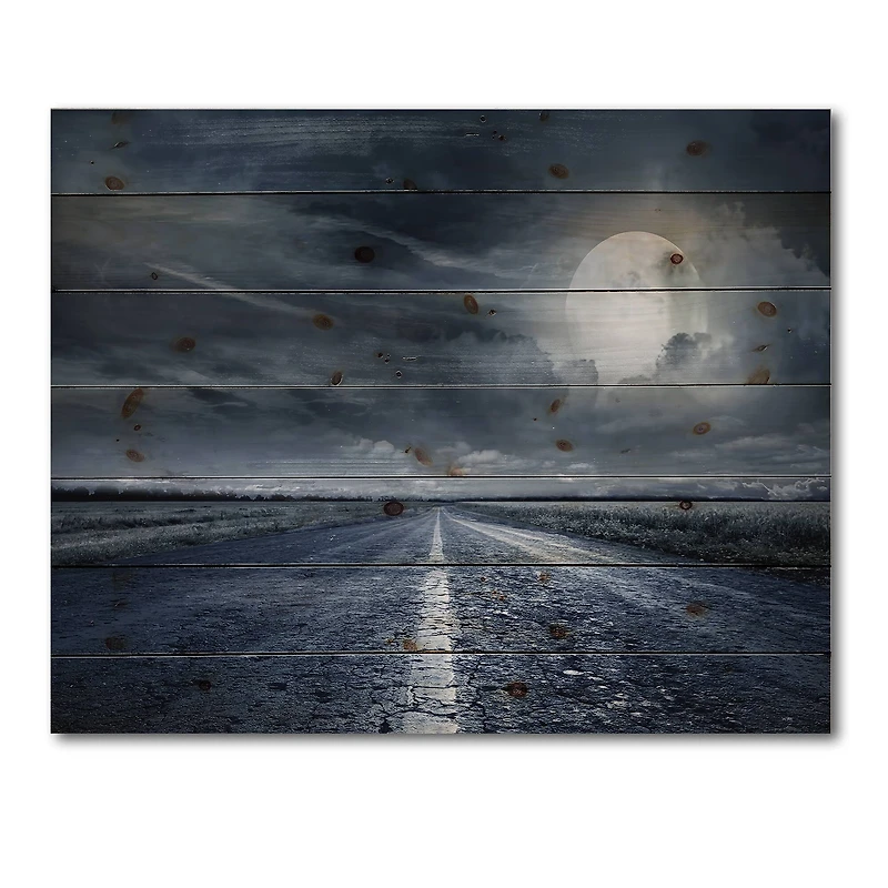 Designart - Asphalt Road Under Cloudy Full Moon II