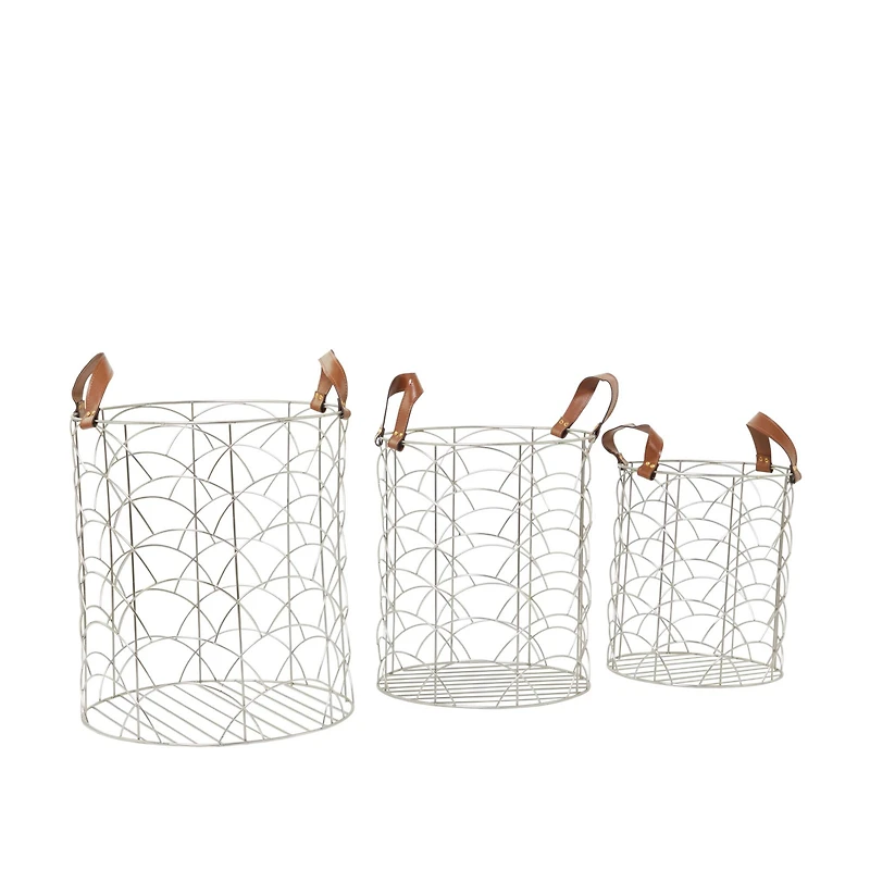 CosmoLiving by Cosmopolitan Silver Metal Storage Basket with Faux Leather Handles Set of 3 16", 14", 12"