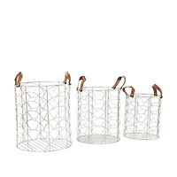 CosmoLiving by Cosmopolitan Silver Metal Storage Basket with Faux Leather Handles Set of 3 16", 14", 12"