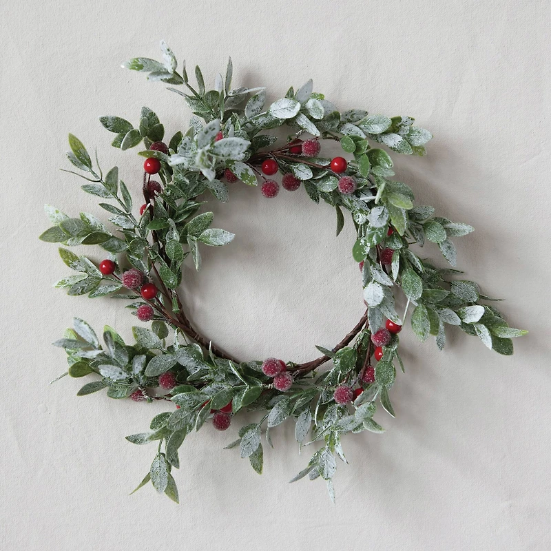 Hello Honey® 12" Faux Leaves & Red Berry Wreath with Frost Finish