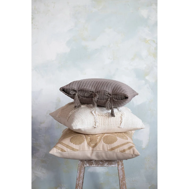Hello Honey® Gray Woven Cotton Pillow with Tassel Ties