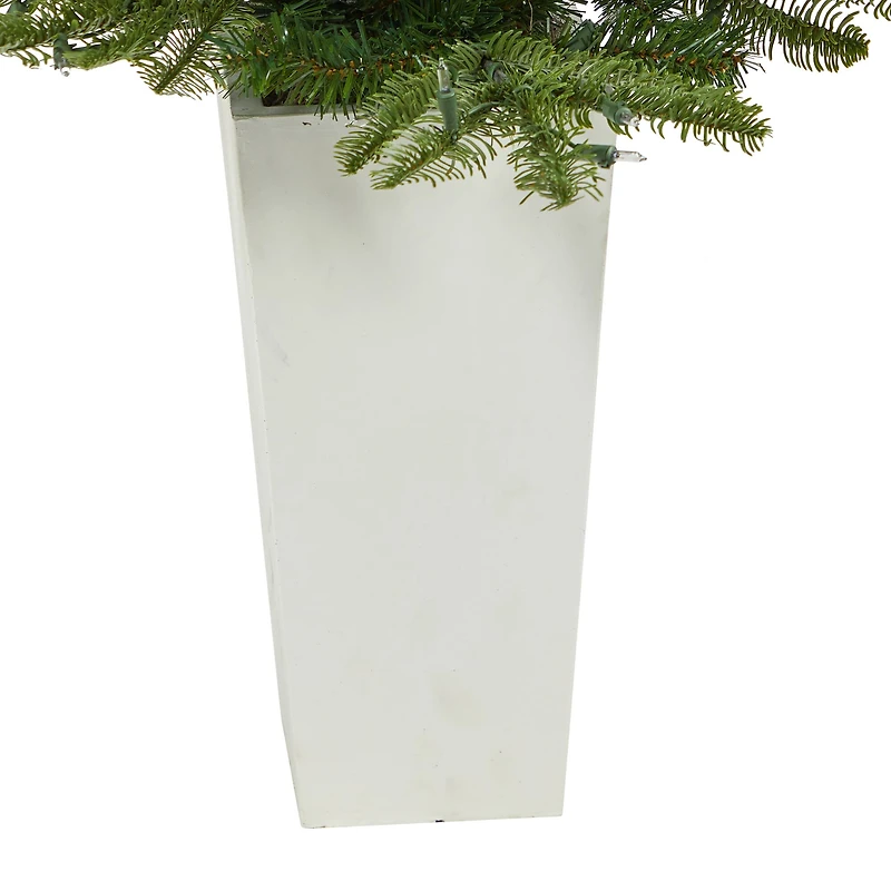 4.5ft. Pre-Lit Layered Washington Spruce Artificial Christmas Tree In White Planter, Clear LED Lights