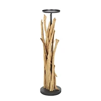 39" Brown Teak Wood Handmade Tall Tree Branch Floor Candle Holder with Black Metal Accents