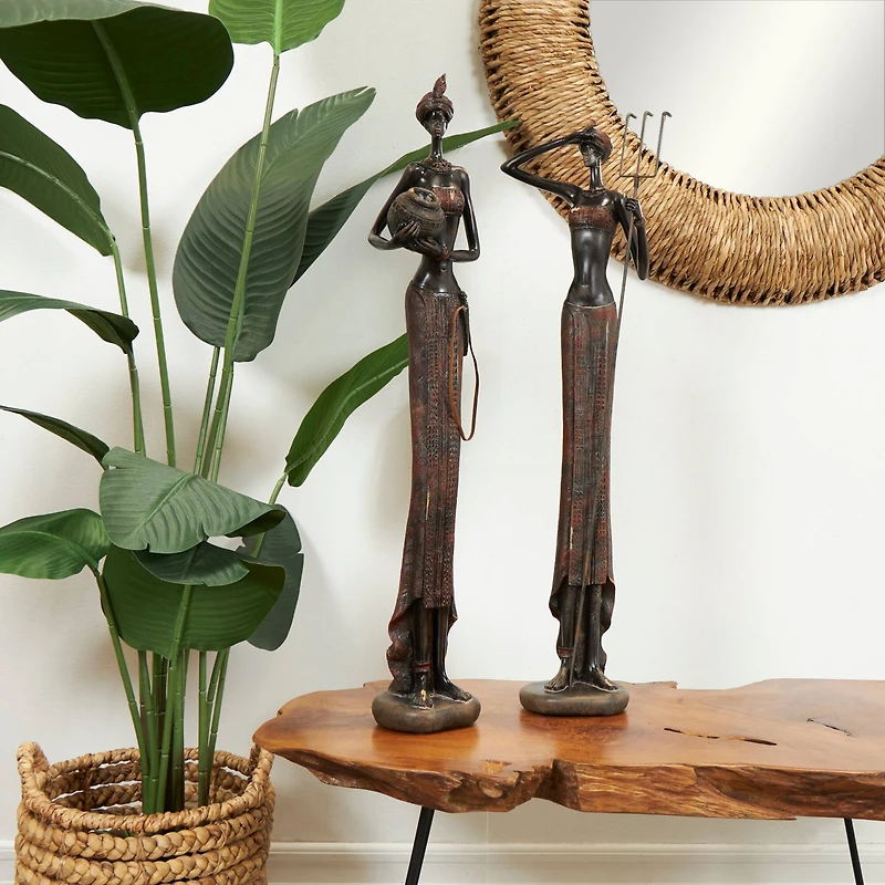 Red Handmade Polystone African Women Inspired Sculpture Set