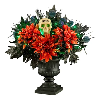 20" Boo-tiful Orange Dahlia LED Halloween Centerpiece in Black Urn