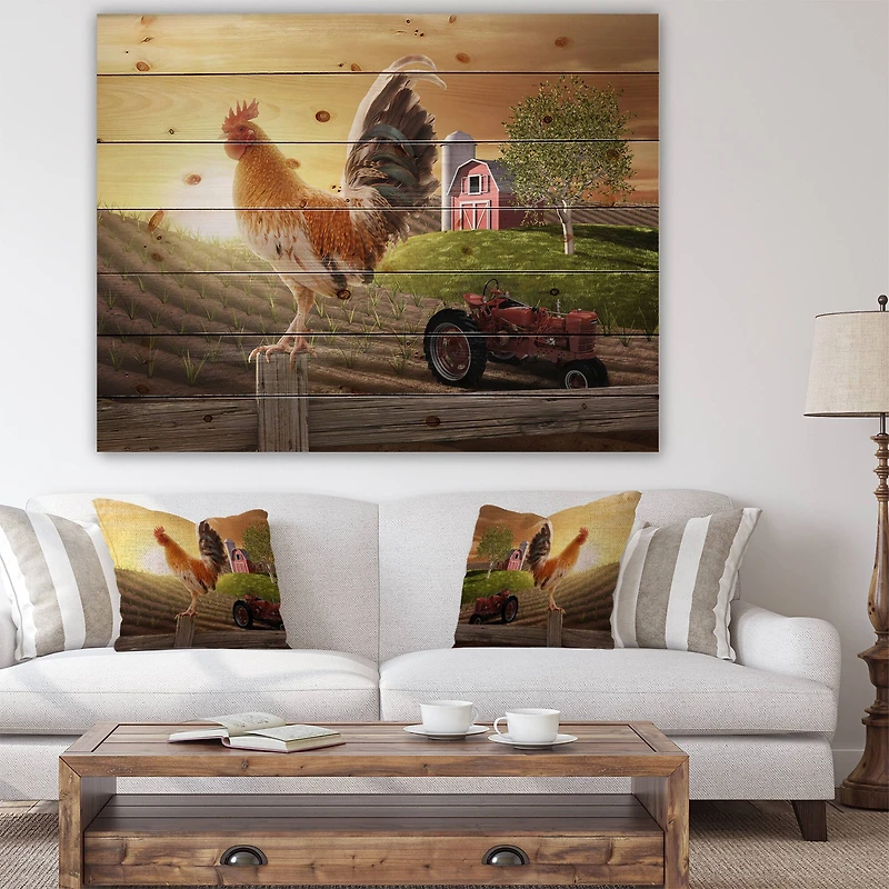 Designart - Country Farm Morning - Farmhouse Animal Painting Print on Natural Pine Wood