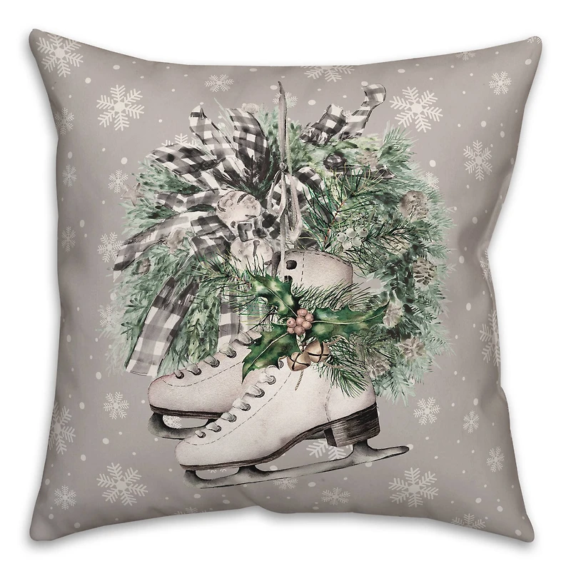 Neutral Ice Skates Wreath Throw Pillow