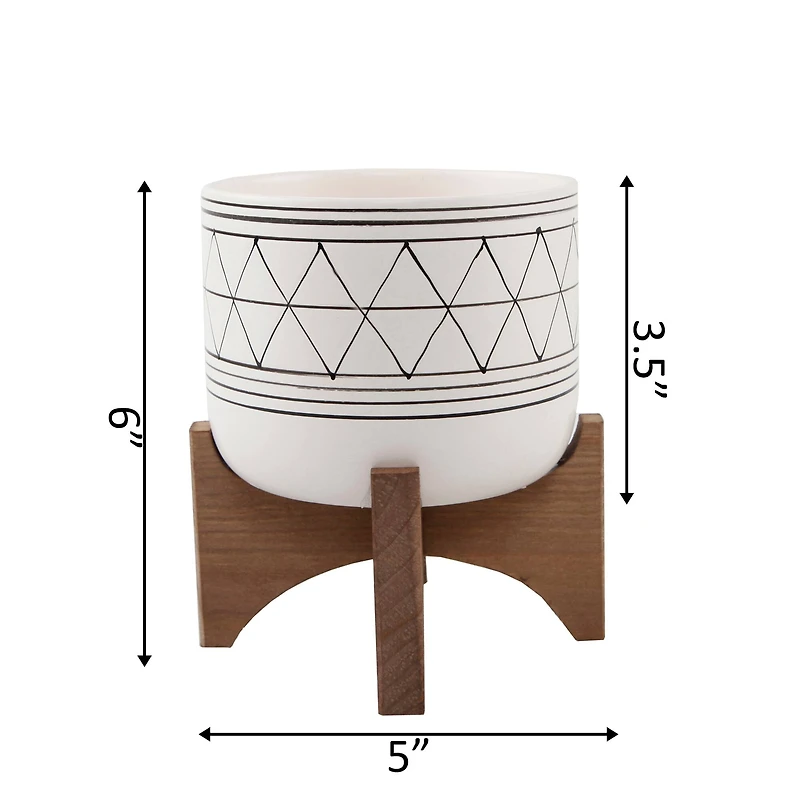 Flora Bunda 5" White & Black Geo Planter With Wood Stand
