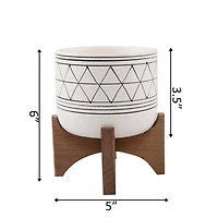 Flora Bunda 5" White & Black Geo Planter With Wood Stand