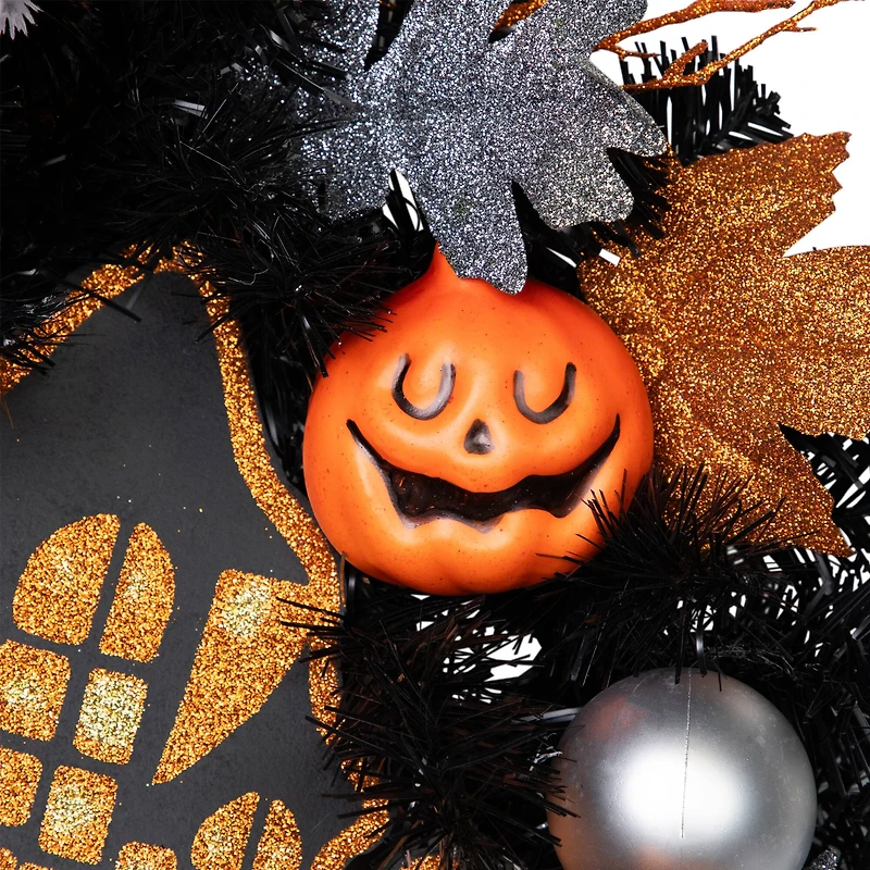 24'' Unlit Orange and Black Haunted House Halloween Wreath