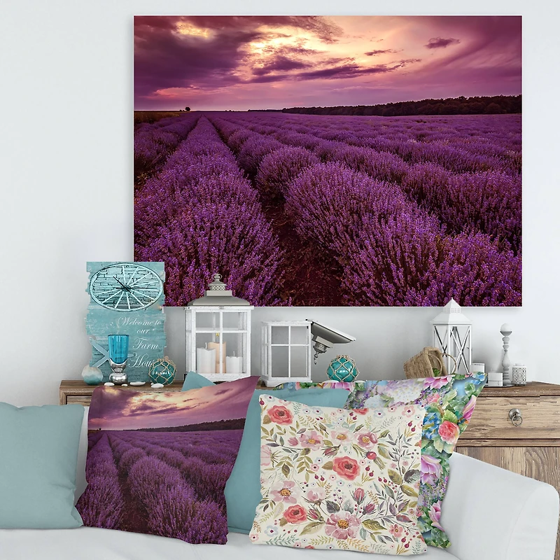 Designart - Sunrise & Dramatic Clouds Over Lavender Field III