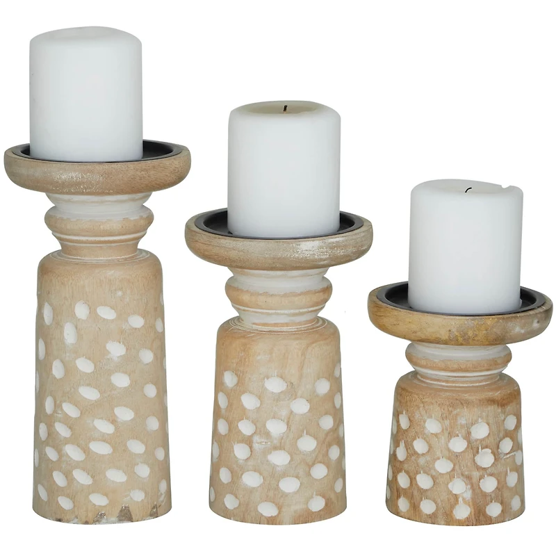 Light Brown Wood Carved Dotted Pillar Candle Holder Set
