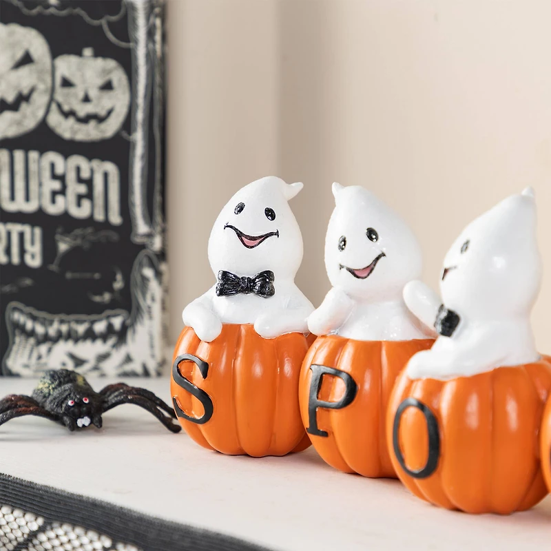 Glitzhome® 15.5"L Halloween Polyresin SPOOKY Ghost Pumpkin Table Decor