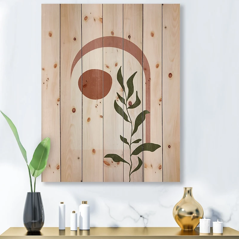 Designart - Abstract Geometrical Moon With Leaf III - Modern Print on Natural Pine Wood