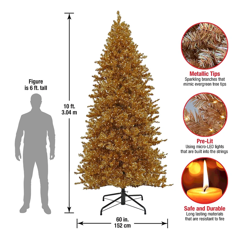 10ft. Pre-Lit True Gold Metallic Artificial Christmas Tree, White LED Lights