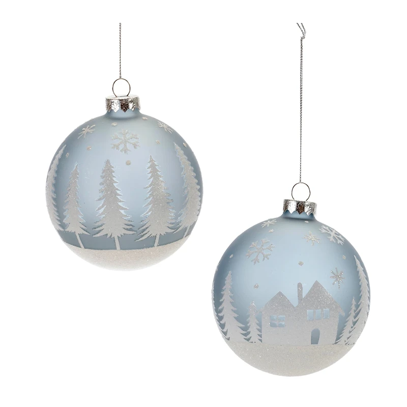 4" Frosted Forest & Village Glass Ball Ornament Set