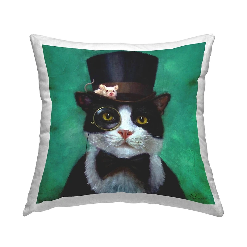 Stupell Industries Good Sir Top Hat Cat Green Background Throw Pillow, 18" x 18"