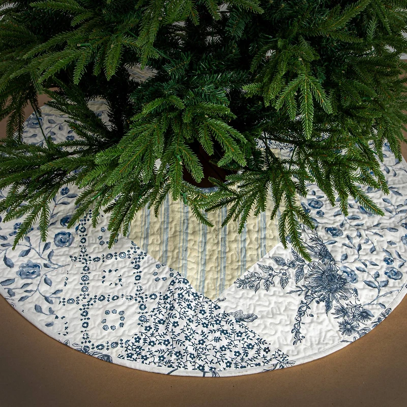 Hello Honey® 48" White & Blue Round Quilted Cotton Patchwork Floral Tree Skirt