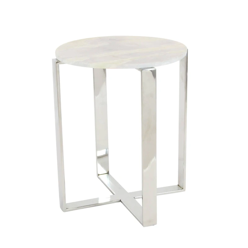 21" White Marble & Stainless Steel Modern Accent Table