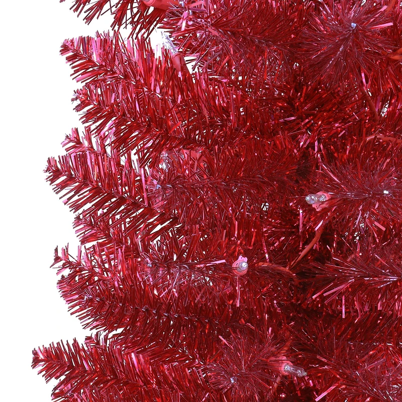 6ft. Pre-Lit Red Tinsel Artificial Tree, Clear Lights