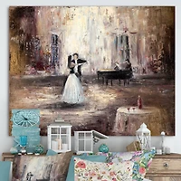 Designart - Black And White Couple Dancing In Hall With Piano
