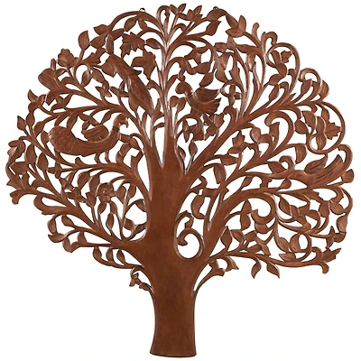 43" x 45" Brown Carved Wooden Tree Wall Décor with Bird Accents