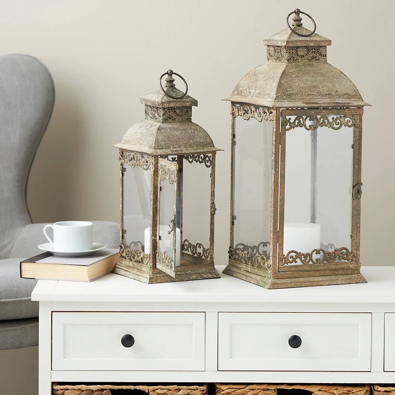 Brown Distressed Metal Candle Lantern Set