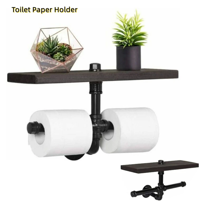 Black Wall Mounted Industrial Dual Toilet Paper Holder with Storage Shelf