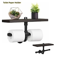 Black Wall Mounted Industrial Dual Toilet Paper Holder with Storage Shelf