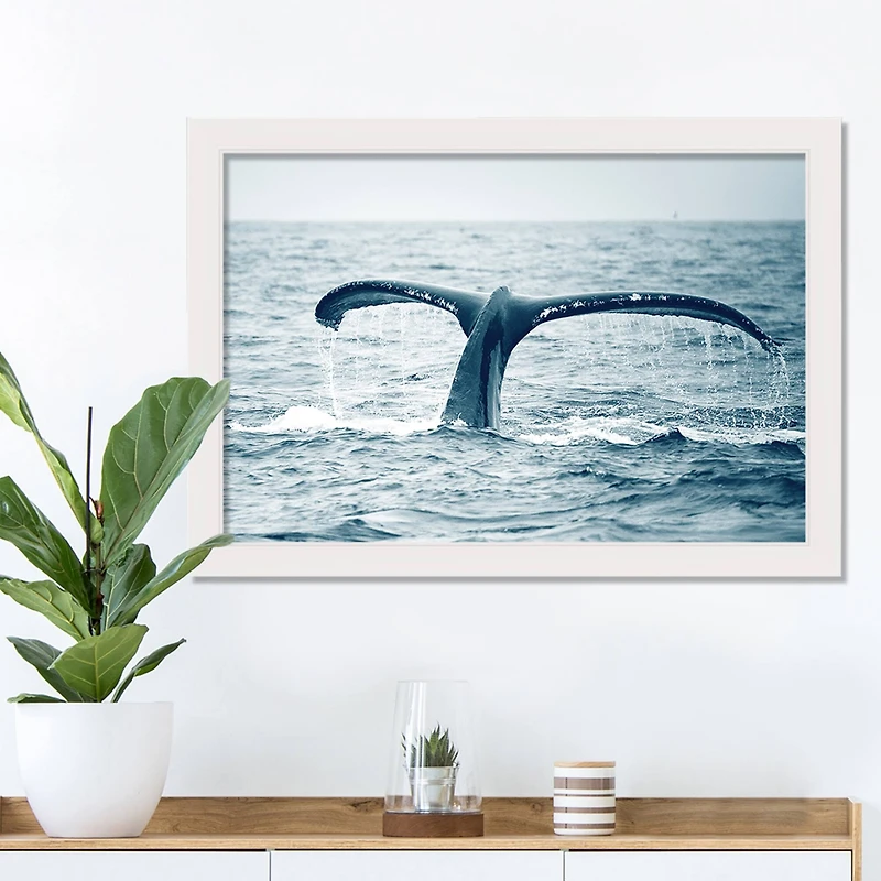 Whale Tail Out of Water White Framed Nautical Wall Décor