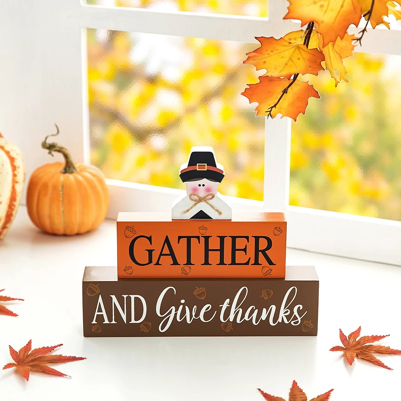 Glitzhome® 9.5" Thanksgiving Wooden Pilgrim Table Block Sign