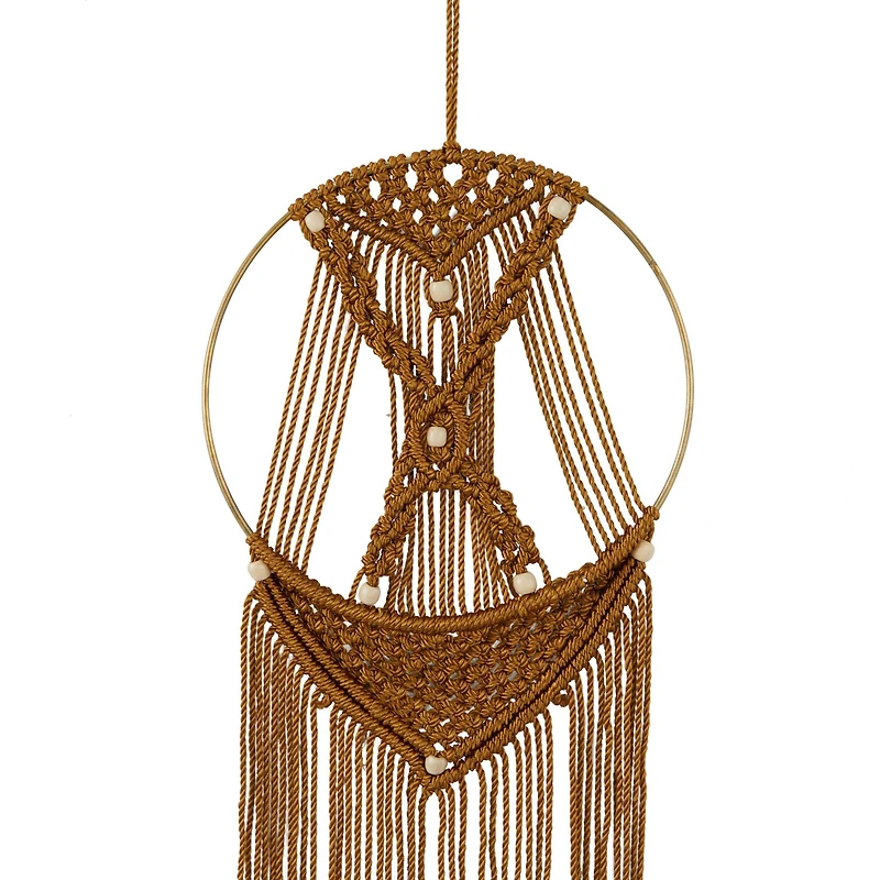 Brown Fabric Handmade Intricately Weaved Macrame Wall Decor with Beaded Fringe Tassels 10" x 0" x 39"