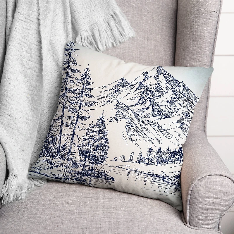 Mountain Forest Drawing 18x18 Throw Pillow
