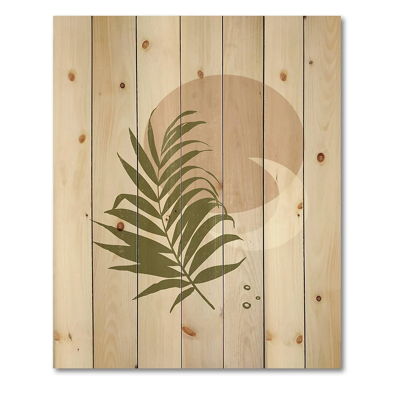 Designart - Abstract Sun and Moon With Green Leaf II - Modern Print on Natural Pine Wood