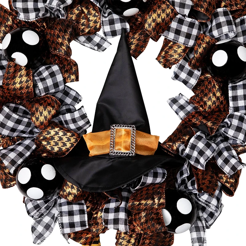 24'' Unlit Orange and Black Witch with Bows Halloween Wreath