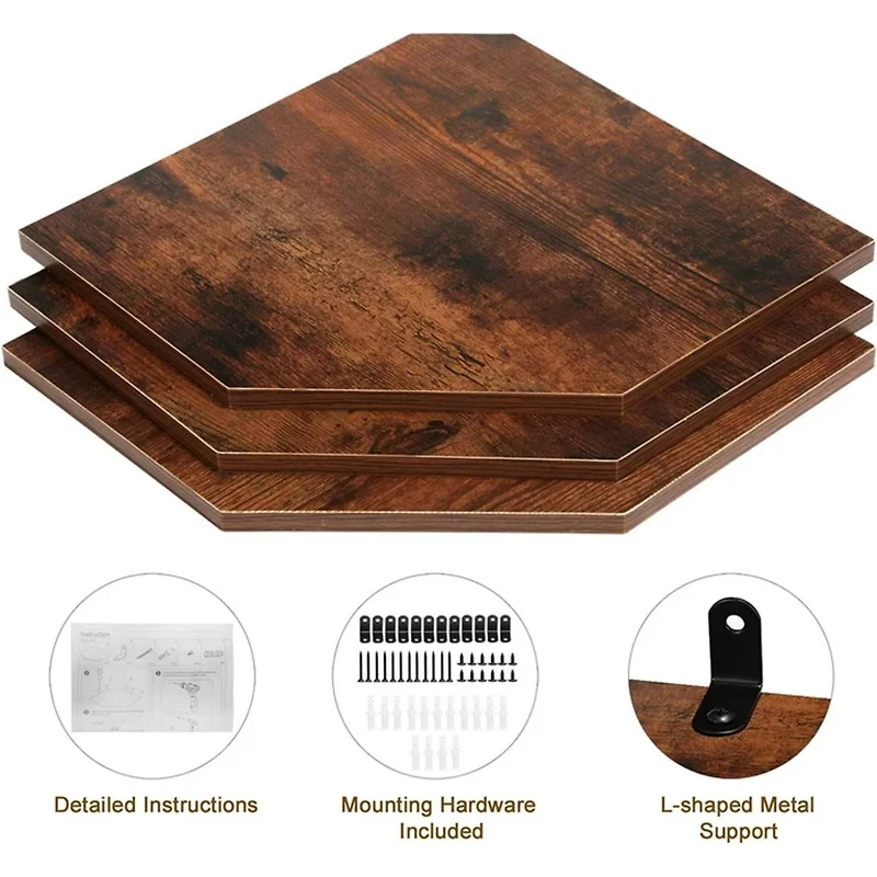 Burnt Brown Wall Mounted Wood Floating Corner Shelf Set
