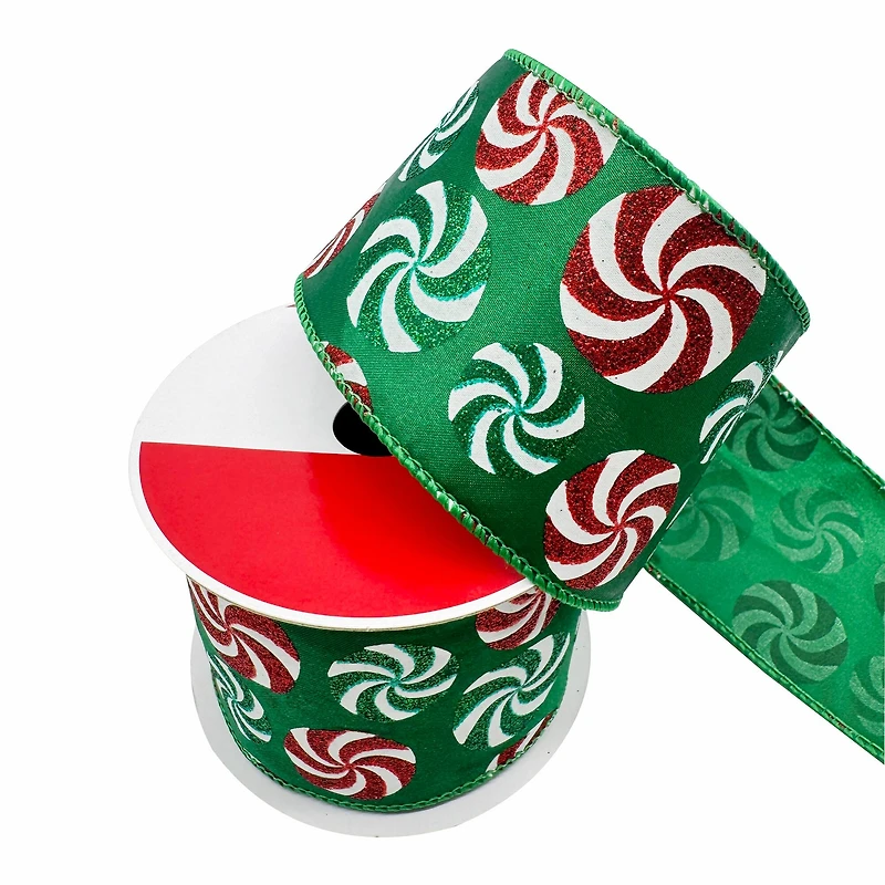 2.5" x 20ft. Green Glitter Peppermints Wired Ribbon by Celebrate It®