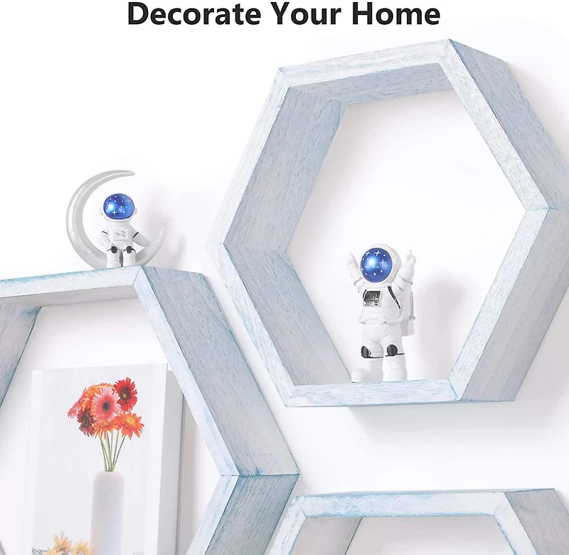 NEX™ Blue Whitewash Wall-Mounted Rustic Hexagon Honeycomb Hanging Shelf Set