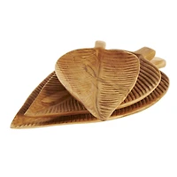 Brown Teak Wood Leaf Handmade Carved Texture Tray Set