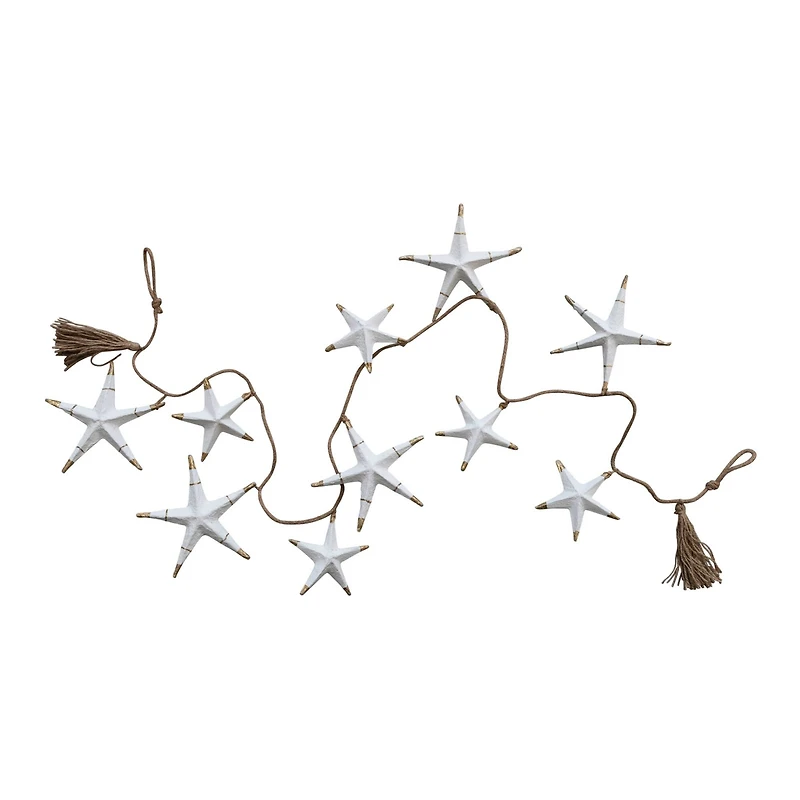Hello Honey® 6ft. White Hand-Painted Recycled Paper Mache Stars with Gold Foil & Tassels Garland