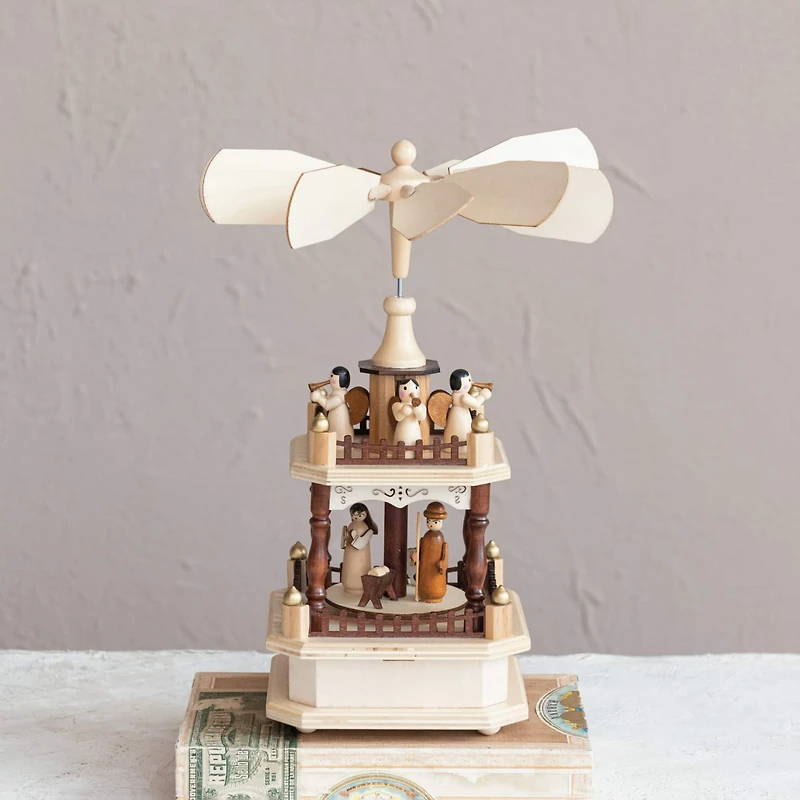 Hello Honey® 13" Musical Rotating Angels Round Wood Christmas Pyramid