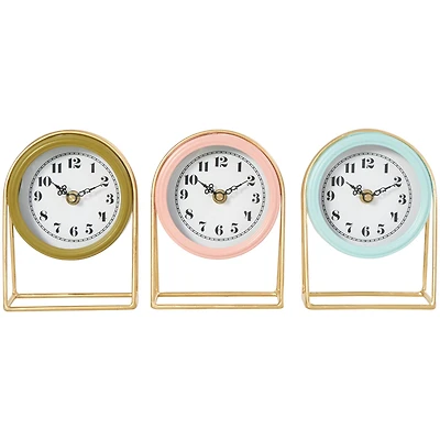 7" Multicolor Pastel Metal Tabletop Clock Set with Gold Frames, 3ct.