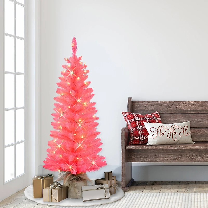 4ft. Pre-Lit Pink Artificial Tree in Burlap Sac, Clear Lights