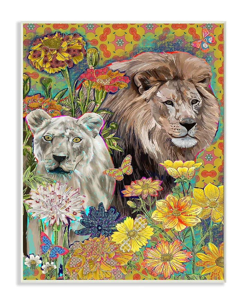 Stupell Industries Lion Couple Behind Tropical Florals Arabesque Pattern Wall Plaque