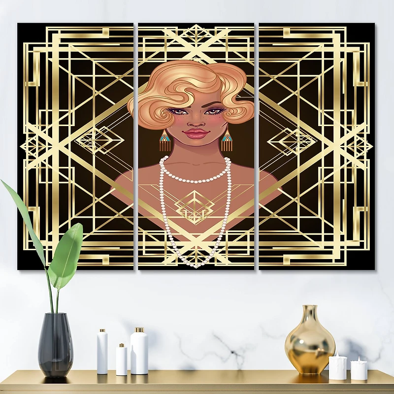 Designart - Retro Women In Golden Art Deco Geometrics III