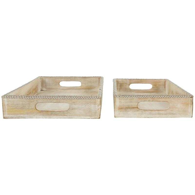 Light Brown Mango Wood Trays with Silver Beaded Rim, 2ct.