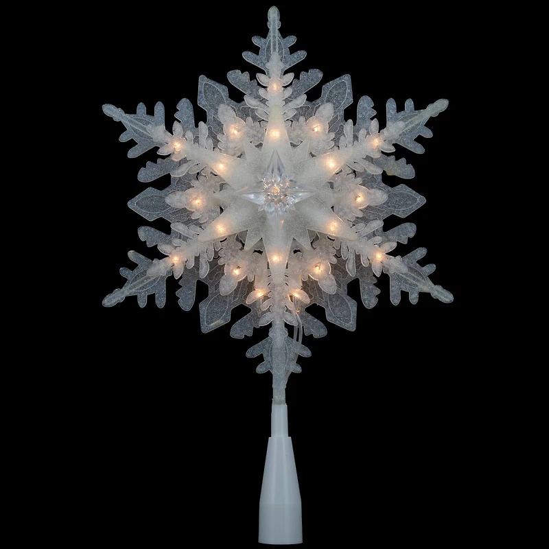 10" Lighted White Frosted Stacked Snowflake Christmas Tree Topper, Clear Lights