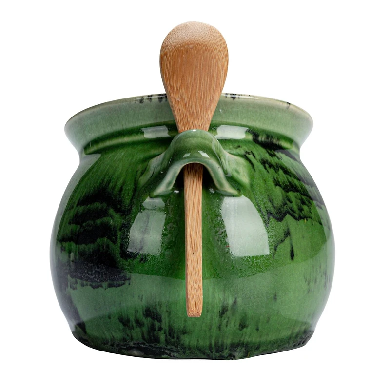 Hello Honey® 4" Green Stoneware Salt Dish with Acacia Wood Spoon